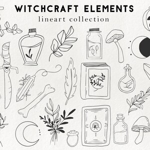 May include: Black and white line art illustrations of witchcraft elements, including a crescent moon, a book with a crescent moon, a potion bottle, a crystal, a sword, a candle, a mushroom, a feather, a bone, a pumpkin, and a star.