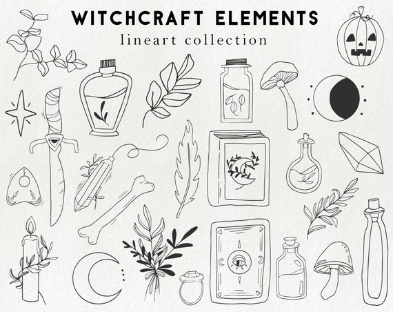 25 witchcraft elements - boho clipart, occult magic clipart, halloween elements, hand drawn witch spells illustrations, wizardry items