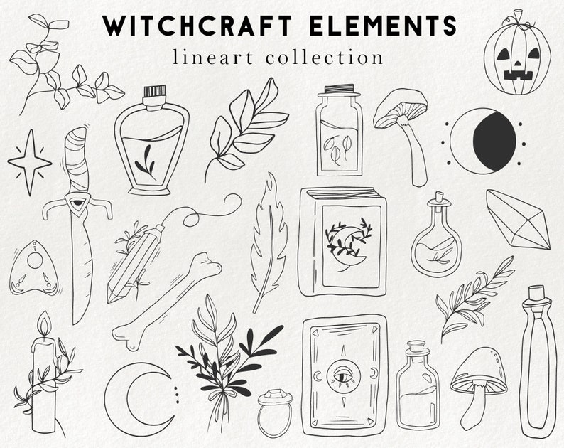 K&ouml;nnte beinhalten: Schwarz-wei&szlig;e Line-Art-Illustrationen von Hexerei-Elementen, darunter ein Halbmond, ein Buch mit einem Halbmond, eine Zaubertrankflasche, ein Kristall, ein Schwert, eine Kerze, ein Pilz, eine Feder, ein Knochen, ein K&uuml;rbis und ein Stern.