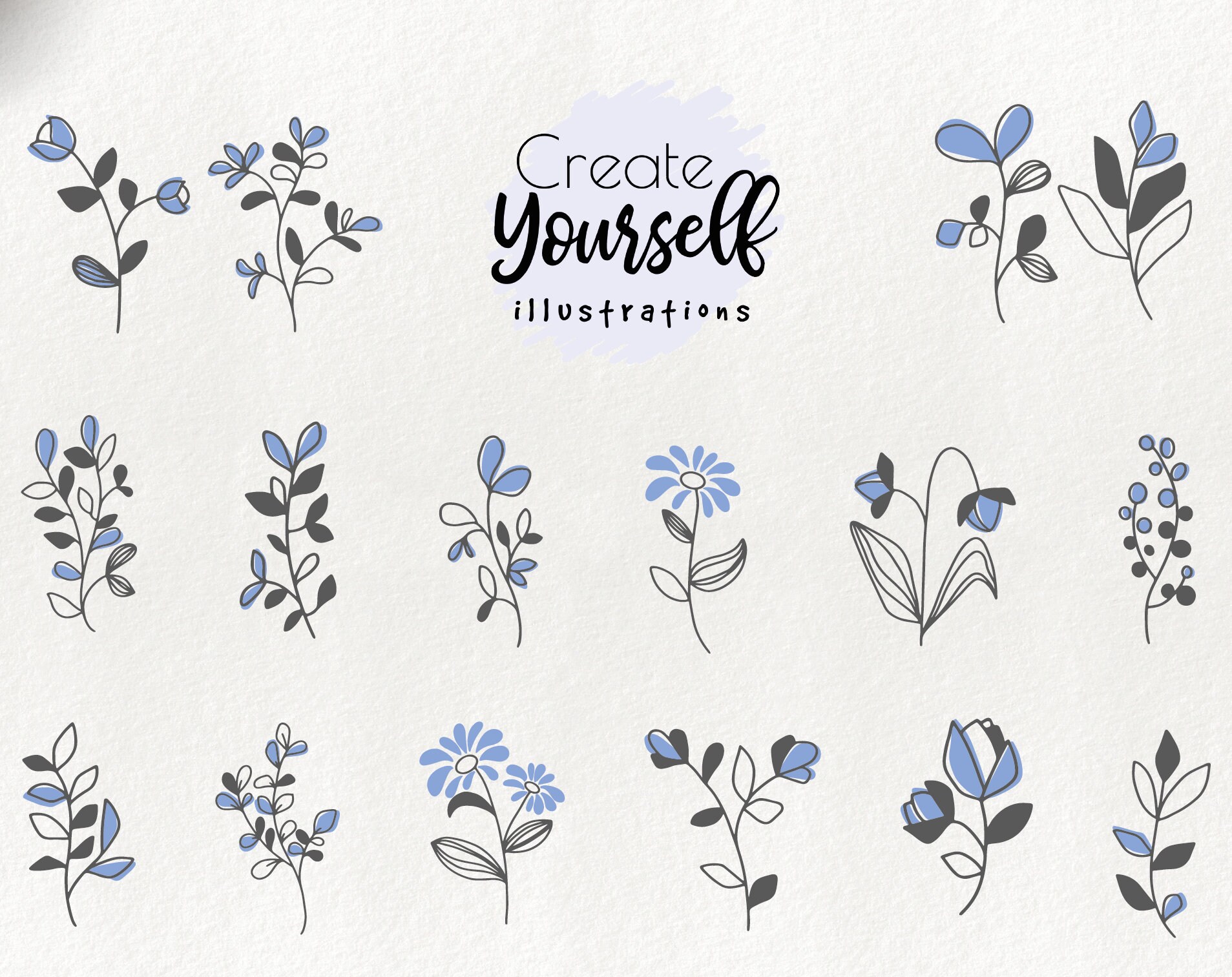Hand drawn blue floral elements doodle leaves clipart | Etsy