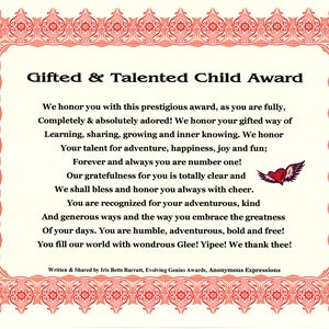 Gifted, Talented Child Award, Kids Award, Appreciation Award, Kids Party Favor, Youth Award, Self Esteem Award, Personal Growth Award, Child