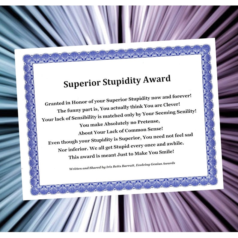 Superior Stupidity Award Gag Gift Award Anonymous Prank Etsy