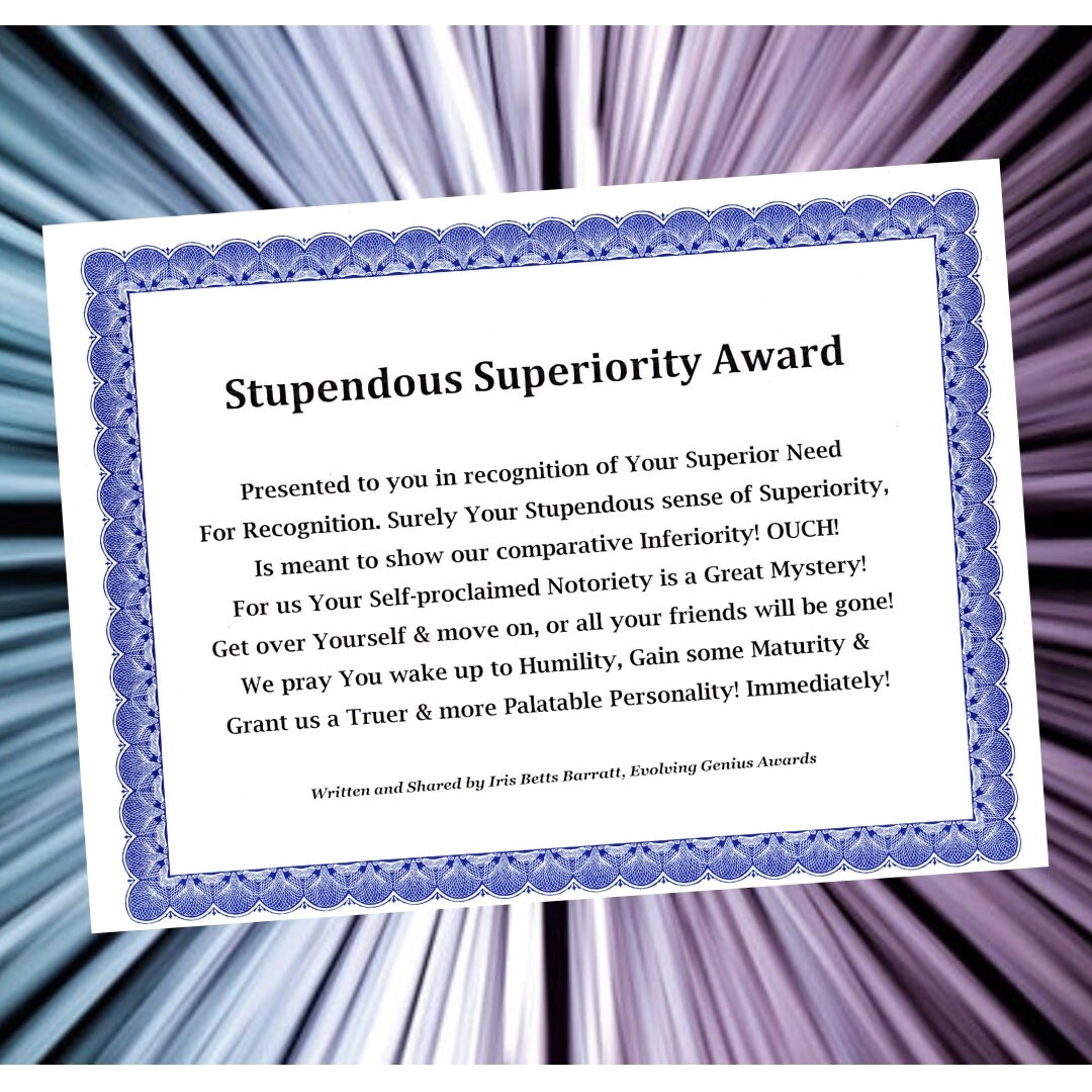 Stupendous Superiority Award, Gag Gift, Anonymous Prank, Personal