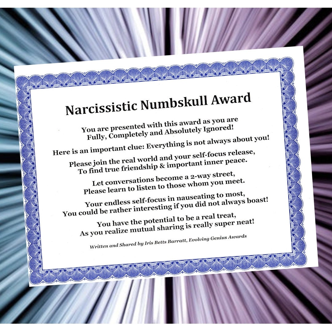 Narcissistic Numbskull Award Slam Poetry Joke Gift Gag - Etsy Narcissistic Numbskull Award Slam Poetry Joke Gift Gag - Etsy
