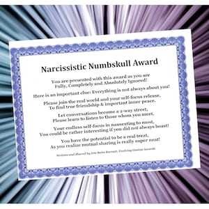 Narcissistic Numbskull Award, Slam Poetry, Joke Gift, Gag Gift, Prank Gift, Personal Growth Gift, Funny Prank Gags, Anonymous Award Pranks