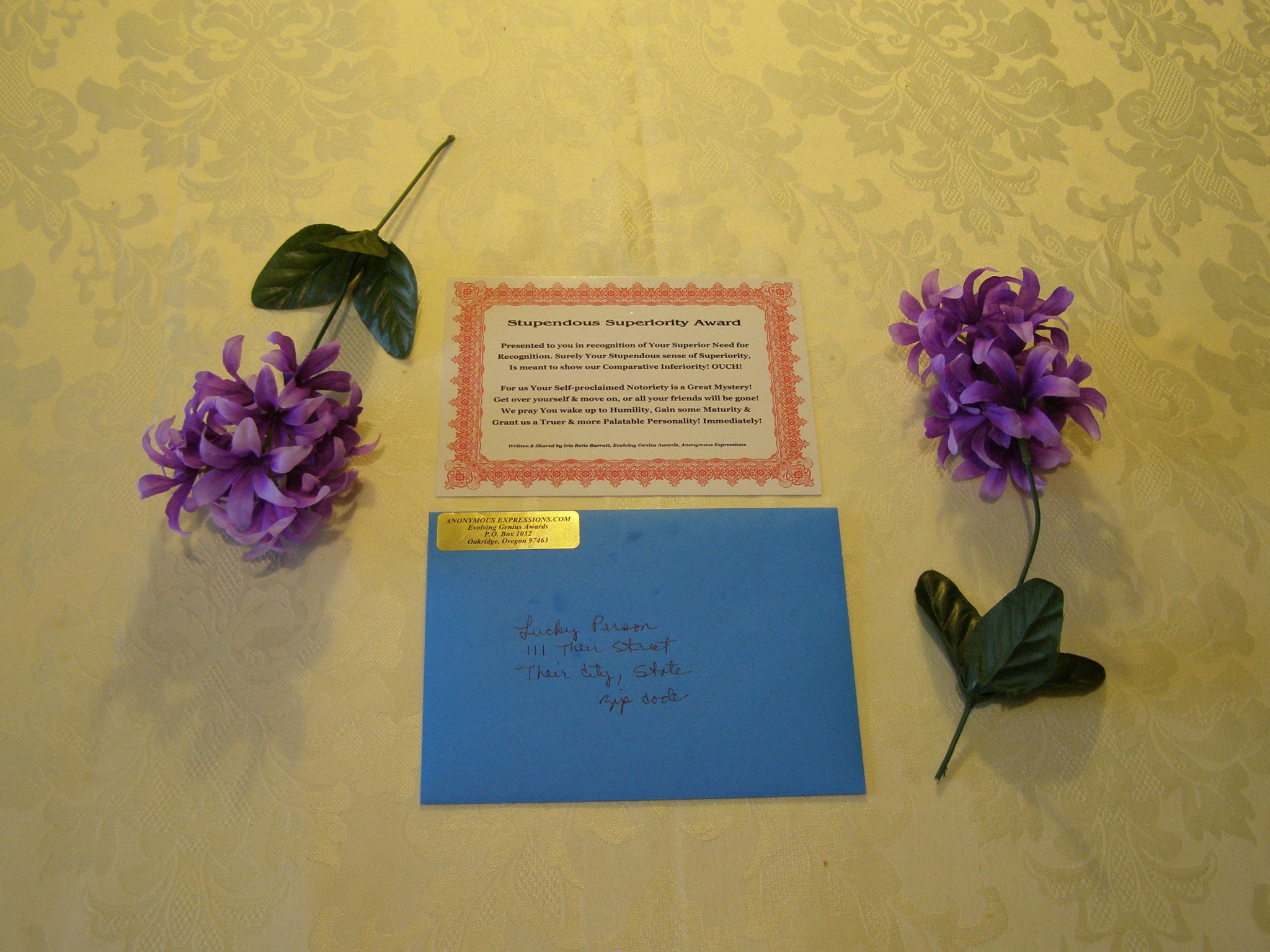 Stupendous Superiority Award, Gag Gift, Anonymous Prank, Personal