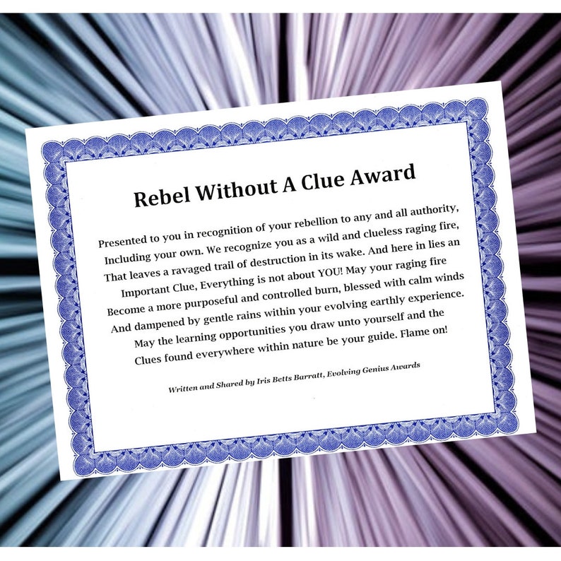 Rebel Without A Clue Award, Anonymous Prank Gift, Joke Gifts, Funny
