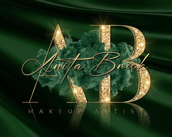 Emerald Green Logo, Gold Logo, Glitter Logo, Beauty Logo, Initial Logo, Watercolor Smoke Logo, Makeup Artist, Boutique, Interior Design