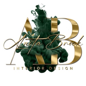 May include: A gold and green logo with the text "Anita Brook Interior Design". The logo features a stylized "A" and "B" with a green ink splatter design in the center.
