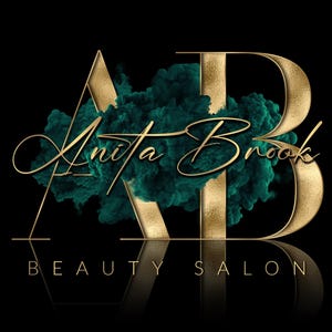 May include: Gold letters "A" and "B" with a green smoke effect behind them. The letters are stylized and have a reflective surface. The text "Anita Brook Beauty Salon" is written in cursive below the letters.