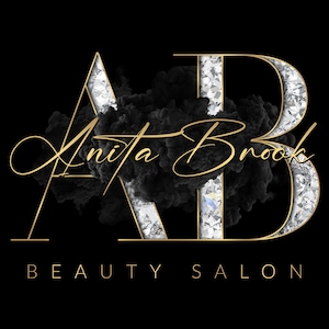 May include: Gold and diamond-encrusted letters "A" and "B" with a black smoke effect behind them. The text "Anita Brook" is written in cursive script below the letters. The text "BEAUTY SALON" is written below the cursive text.