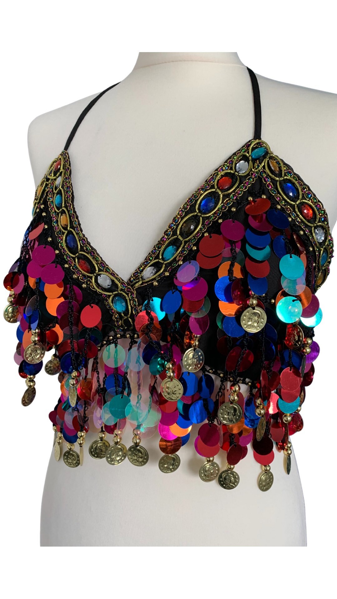 REETAN Tassel Sequins Belly Dance Crop Top Fashion Halter Top Rave Party Tank Top Sleeveless Vest Costume For Women And Girls (Purple
