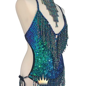Peacock Green Sequin Showgirl Costume for Dance Costume, Mermaid Sequin Bodysuit for Costume for Dancers & Aerial Costume