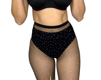 AB Crystal Black Fishnet High Waisted Shorts, Rhinestone Cut off