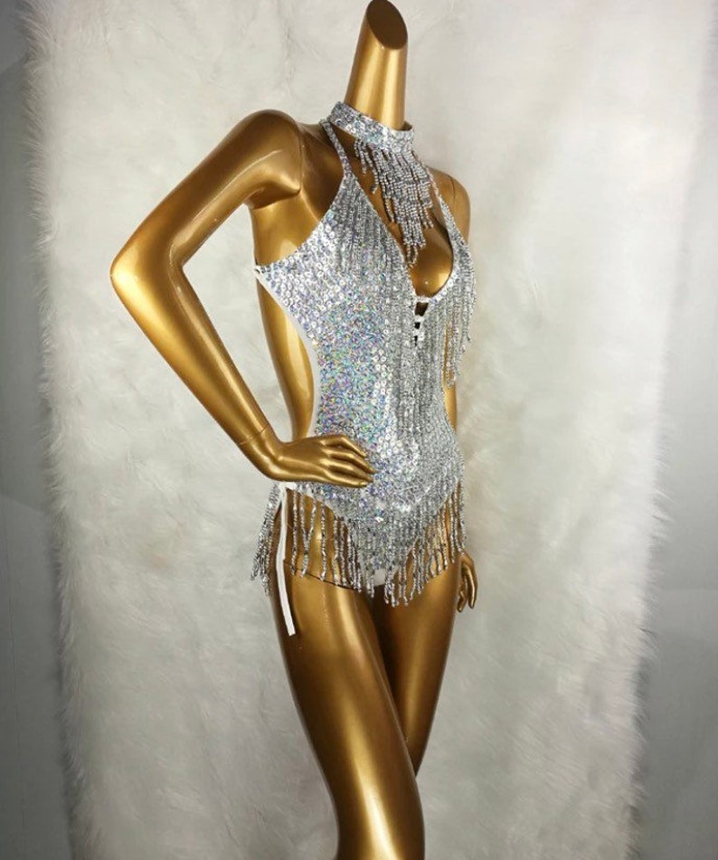 Showgirl Leotard in Holographic Silver Silver Sequin Bodysuit | Etsy