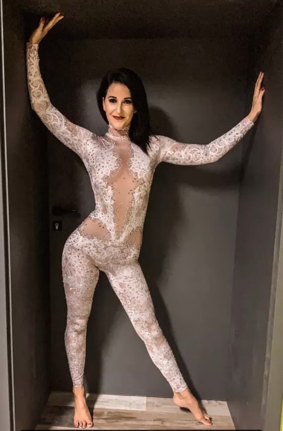 Aerial Costume: Rhinestone AB Crystal Catsuit, White Lace & Sparkly Bodysuit  for Performers 