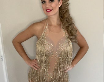 Latin Salsa Costume Bodysuit for Ballroom Dancers, Rhinestone Tassel Leotard for Performers & Aerial Costume.