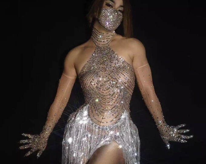 Rhinestone Bodysuit With Sequin Tassels for Dancers Crystal Etsy
