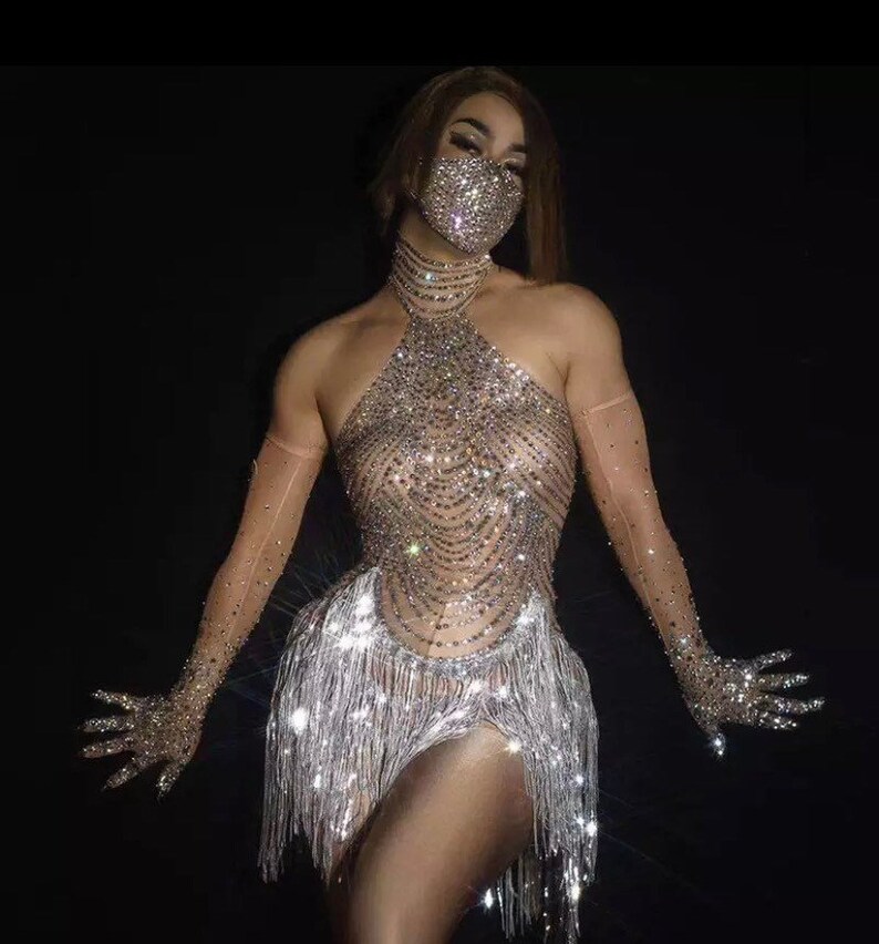 Rhinestone Bodysuit With Sequin Tassels for Dancers Crystal Etsy