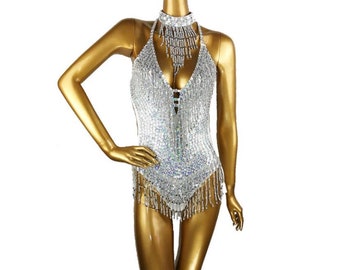 Showgirl Leotard in Holographic Silver, Silver Sequin Bodysuit for Festival Fashion & Dance Costume
