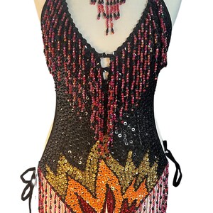 Sparkly Flame Sequin Showgirl Costume for Fire Dancers, Fire Sequin Bodysuit for Aerial Costume & Fire Performers