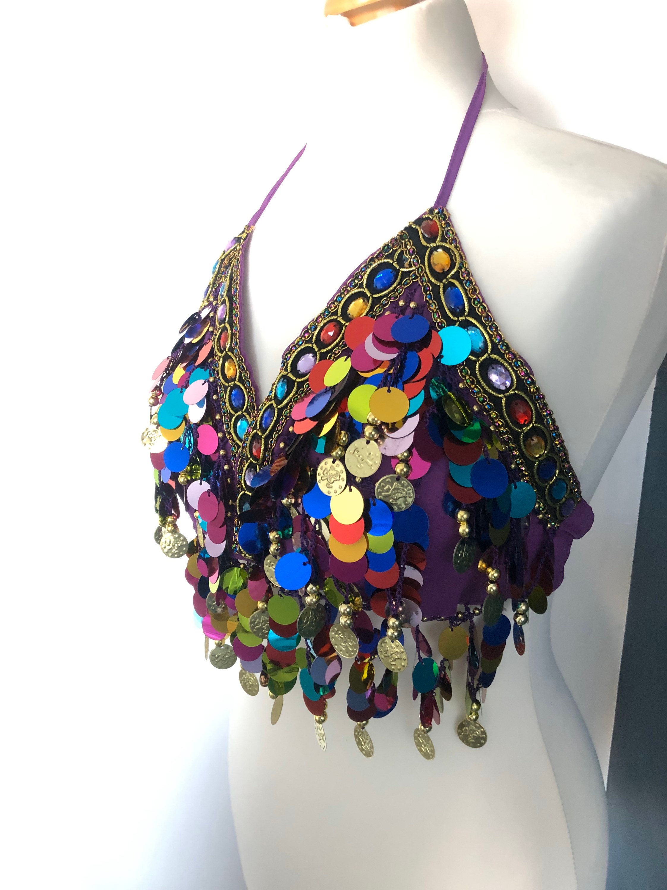 Embellished Sequin Tassel Festival Top, Belly Dance Costume Cropped Top,  Sparkly Halter Neck Festival Crop Top 