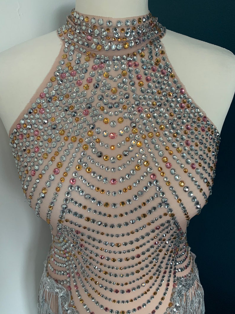 Rhinestone Bodysuit With Sequin Tassels for Dancers Crystal Etsy