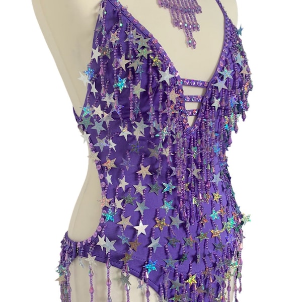 Purple Sequin Leotard for Showgirl Costume, Star Sequin Bodysuit for Ibiza Fashion