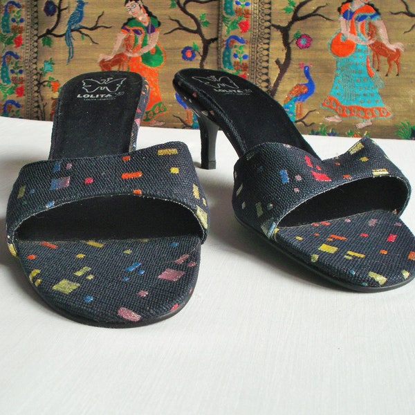 Vintage Lolita Lempicka Women's Mules - Black High Heeled Mules - Size 6.5 (US)- Vintage Black Mules - Black Peep Toe Mules -