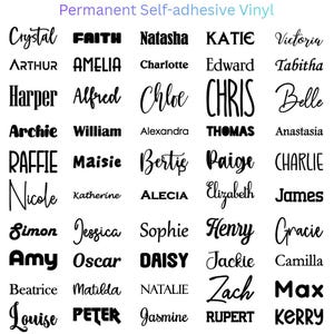 May include: A grid of black text samples on a white background labeled Permanent Self-adhesive Vinyl. The image displays various names in diverse fonts, including script, serif, and sans-serif styles, showcasing options for custom vinyl lettering.