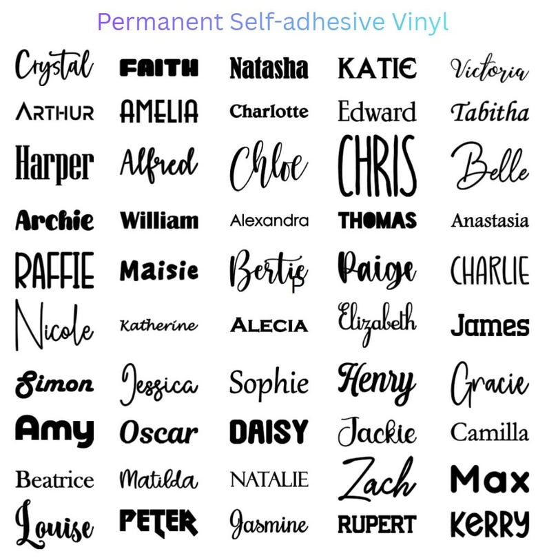 May include: A grid of black text samples on a white background labeled Permanent Self-adhesive Vinyl. The image displays various names in diverse fonts, including script, serif, and sans-serif styles, showcasing options for custom vinyl lettering.