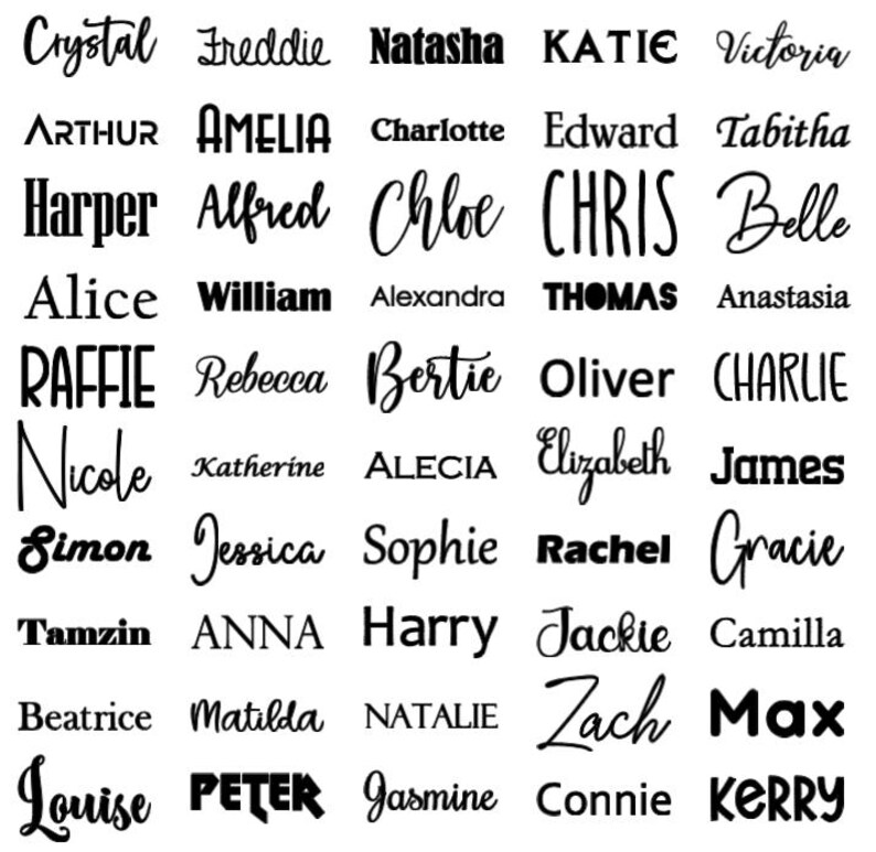 May include: A black and white image of a grid of names, including Crystal, Freddie, Natasha, KATIE, Victoria, ARTHUR, AMELIA, Charlotte, Edward, Tabitha, Harper, Alfred, Chloe, CHRIS, Belle, Alice, William, Alexandra, THOMAS, Anastasia, RAFFIE, Rebecca, Bertie, Oliver, CHARLIE, Nicole, Katherine, ALECIA, Elizabeth, James, Simon, Jessica, Sophie, Rachel, Gracie, Tamzin, ANNA, Harry, Jackie, Camilla, Beatrice, Matilda, NATALIE, Zach, Max, Louise, PETER, Jasmine, Connie, and KERRY.
