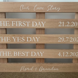 May include: A wooden pallet sign with white text that reads "Our Love Story", "The First Day 21.2.2016", "The Yes Day 29.7.2020", "The Best Day 4.12.2021", and "April & Brandon".