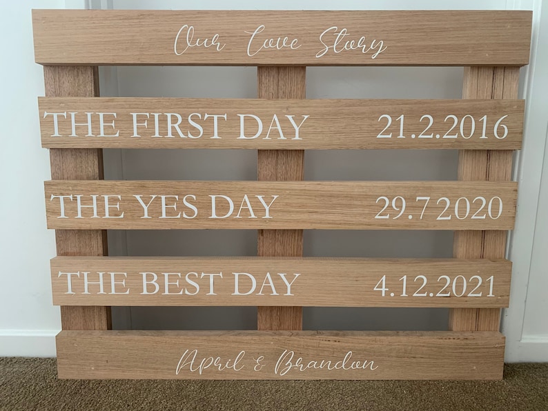May include: A wooden pallet sign with white text that reads "Our Love Story", "The First Day 21.2.2016", "The Yes Day 29.7.2020", "The Best Day 4.12.2021", and "April & Brandon".
