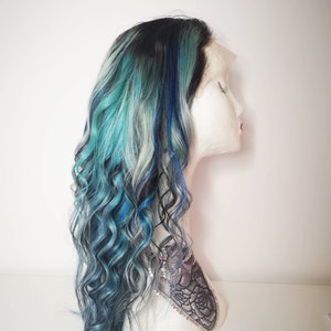 Sirens Sister, Custom Colour Natural Root, Blends of Blue, Teal, Platinum and Soft Black 100% Remy Real Human Hair Lace Front Wig 10&quot; - 24&quot;