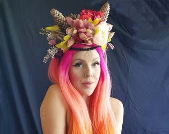 Woodland horns Flower Crown, Enchanted Forest Headpiece Fantasy Wedding, Cosplay, Halloween Costume Festival Photoshoot