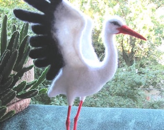 Needle Felted Stork White Bird Sculpture Handmade Wool Bird Stork Figurine Nursery Decor Baby Gift Nature Inspired