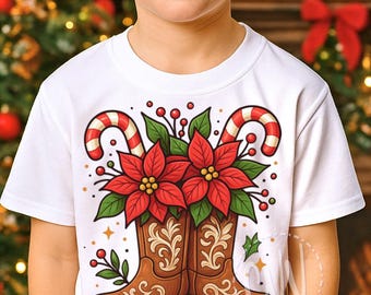 Cowboy Boots Christmas PNG – Rustic Western Holiday Clipart with Poinsettias