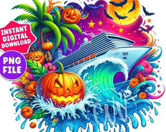 Halloween Cruise PNG Design | Tropical Pumpkins, Bats & Cruise Ship | Spooky Sublimation File | Digital Download | Halloween Clipart
