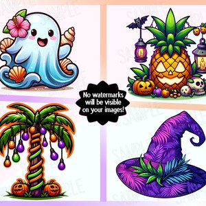 May include: A collection of cartoon illustrations featuring a blue ghost with seashells and a hibiscus flower, a jack-o'-lantern pineapple with Halloween decor, a palm tree with string lights and pumpkins, and a purple witch hat with a tropical leaf pattern.