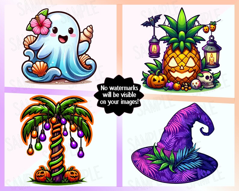 May include: A collection of cartoon illustrations featuring a blue ghost with seashells and a hibiscus flower, a jack-o'-lantern pineapple with Halloween decor, a palm tree with string lights and pumpkins, and a purple witch hat with a tropical leaf pattern.