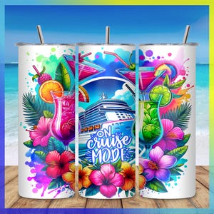 On Cruise Mode Tumbler Wrap 20oz | Watercolor Cruise Ship & Cocktails | Cruise Vacation | Sublimation Wrap PNG | Digital Download