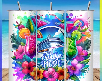 On Cruise Mode Tumbler Wrap 20oz | Watercolor Cruise Ship & Cocktails | Cruise Vacation | Sublimation Wrap PNG | Digital Download