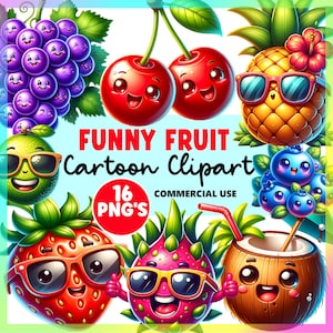 Pacchetto PNG di clipart di cartoni animati di frutta divertente / Clipart estiva / Ciliegie / Ananas / Grafica di frutta / Uso commerciale / Download digitale