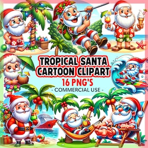 Tropisches Weihnachtsmann Cartoon Clipart Bundle | Weihnachten PNG | Cartoon Clipart | Sommer Nikolaus | Weihnachtsferien | Sublimationsdruck | Kommerzielle Nutzung