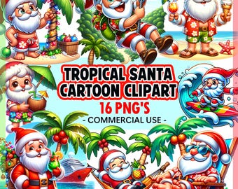 Tropical Santa Cartoon Clipart Bundle | Christmas PNG | Cartoon Clipart | Summer Santa | Christmas Vacation | Sublimation | Commercial Use