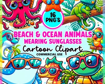 サングラス付きのクールなビーチ＆海の動物のクリップアートバンドル | 夏の漫画PNGセット | 熱帯動物のクリップアート | 商用利用