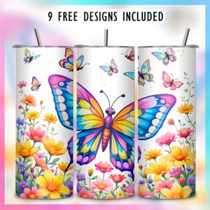 Envoltura para vaso de 20 oz con mariposas y flores de colores PNG / Clipart de verano para sublimación / Diseño de jardín de dibujos animados caprichoso / Descarga digital