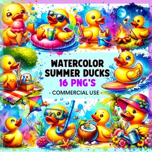 Puede incluir: Un conjunto de 16 ilustraciones de acuarela de patos lindos en varias actividades de verano. Los patos se representan en una variedad de poses, incluyendo nadar, tomar el sol y jugar en la arena. Las ilustraciones están todas en un estilo brillante y alegre, con un efecto de acuarela. El texto "WATERCOLOR SUMMER DUCKS 16 PNG'S - COMMERCIAL USE -" está incluido en la imagen.