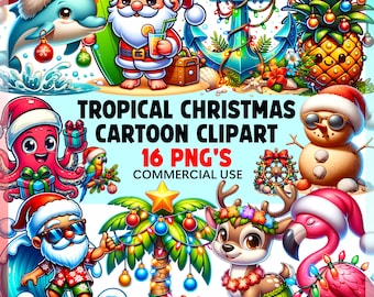 Tropical Cute Christmas Clipart Bundle | Christmas PNG | Cartoon Clipart | Summer Santa | Christmas Vacation, Sublimation, Commercial Use